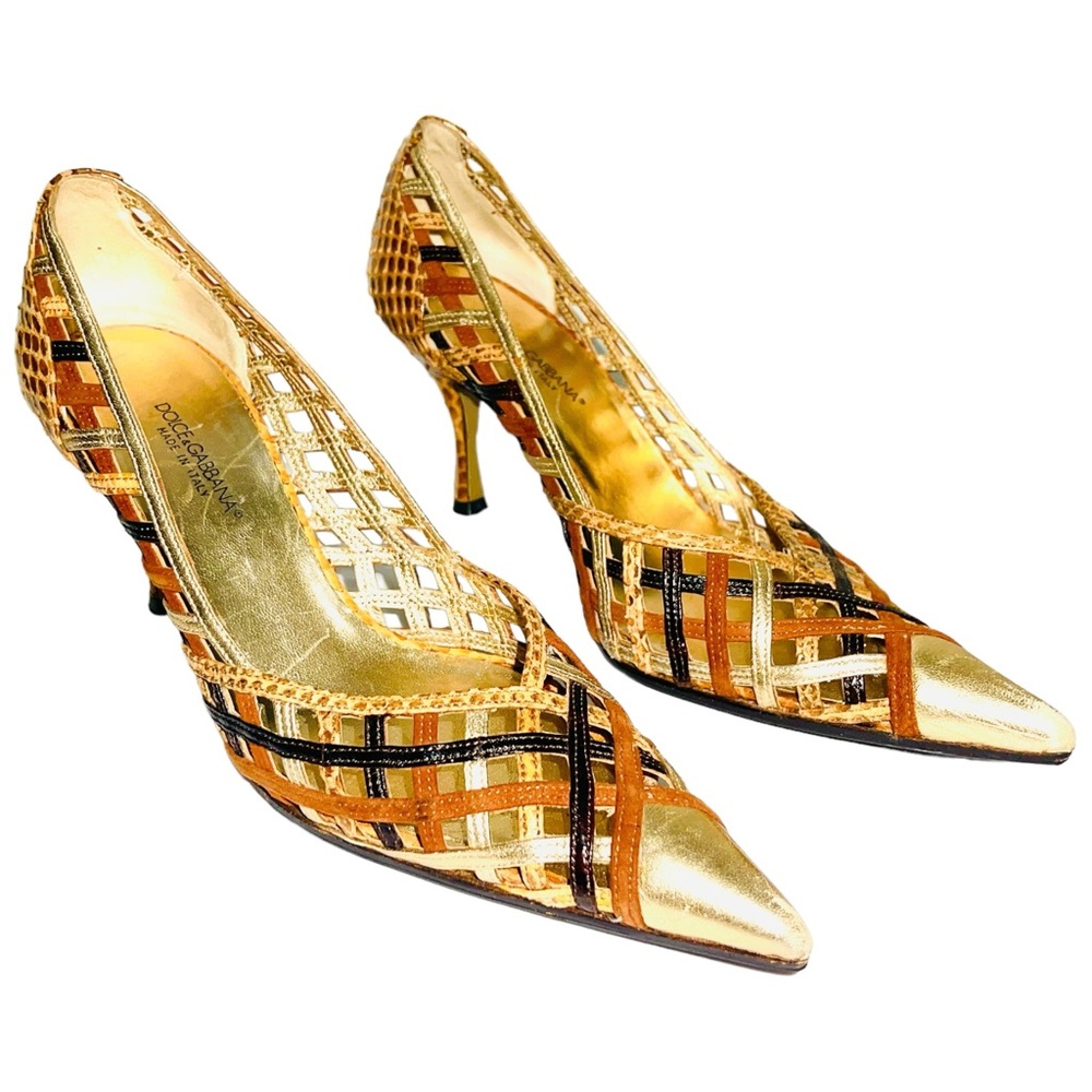 DOLCE&GABBANA 90s Vtg Mixed Leather Lattice Metallic Gold Stiletto Kitten Heels